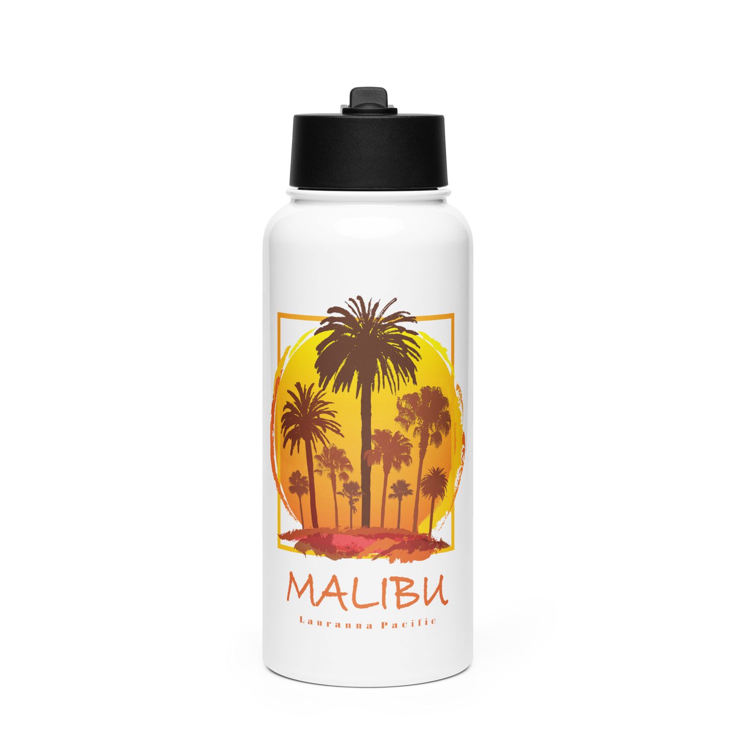 Malibu Sunset Palms Stainless Steel Water Bottle with a Straw Lid
