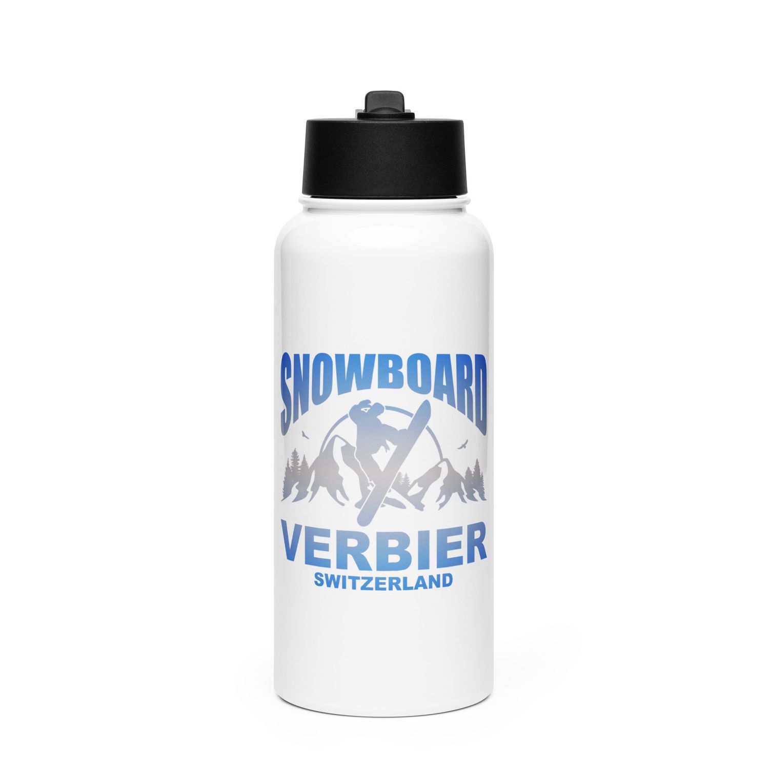 Snowboard Rider Verbier Switzerland Stainless Steel Water Bottle with a Straw Lid