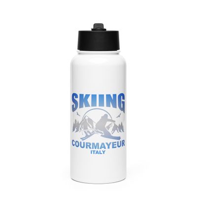 Skiing Skier Courmayeur Italy Stainless Steel Water Bottle with a Straw Lid