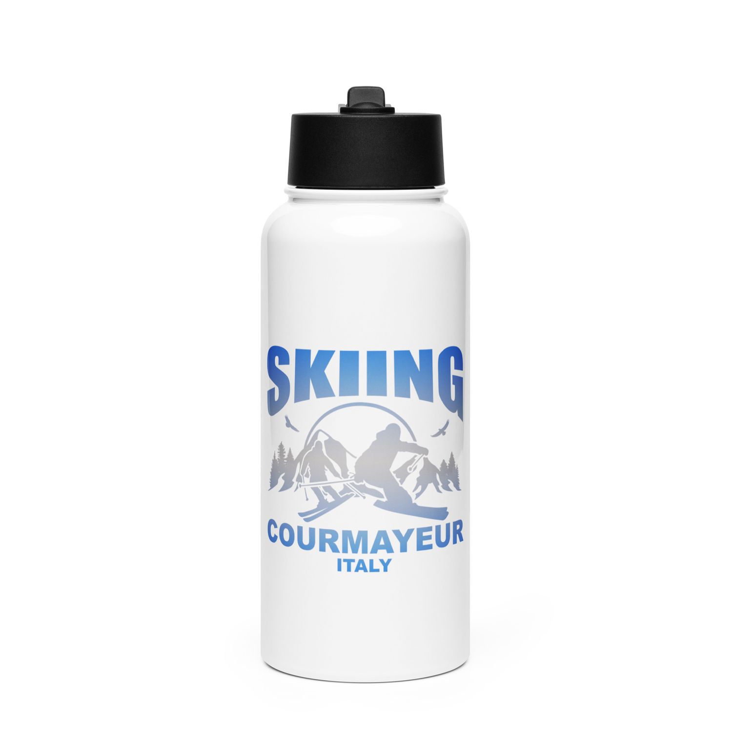 Skiing Skier Courmayeur Italy Stainless Steel Water Bottle with a Straw Lid