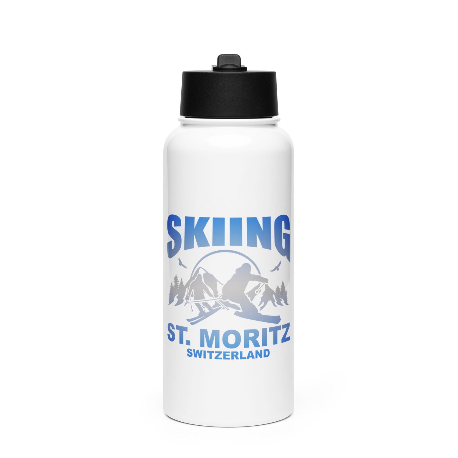Skiing St. Moritz Switzerland Stainless Steel Water Bottle with a Straw Lid
