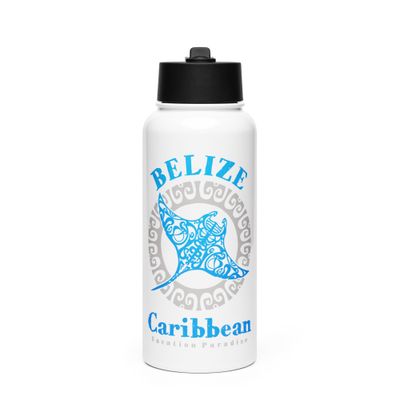 Belize Manta Ray Tribal Tattoo Stainless Steel Water Bottle with a Straw Lid