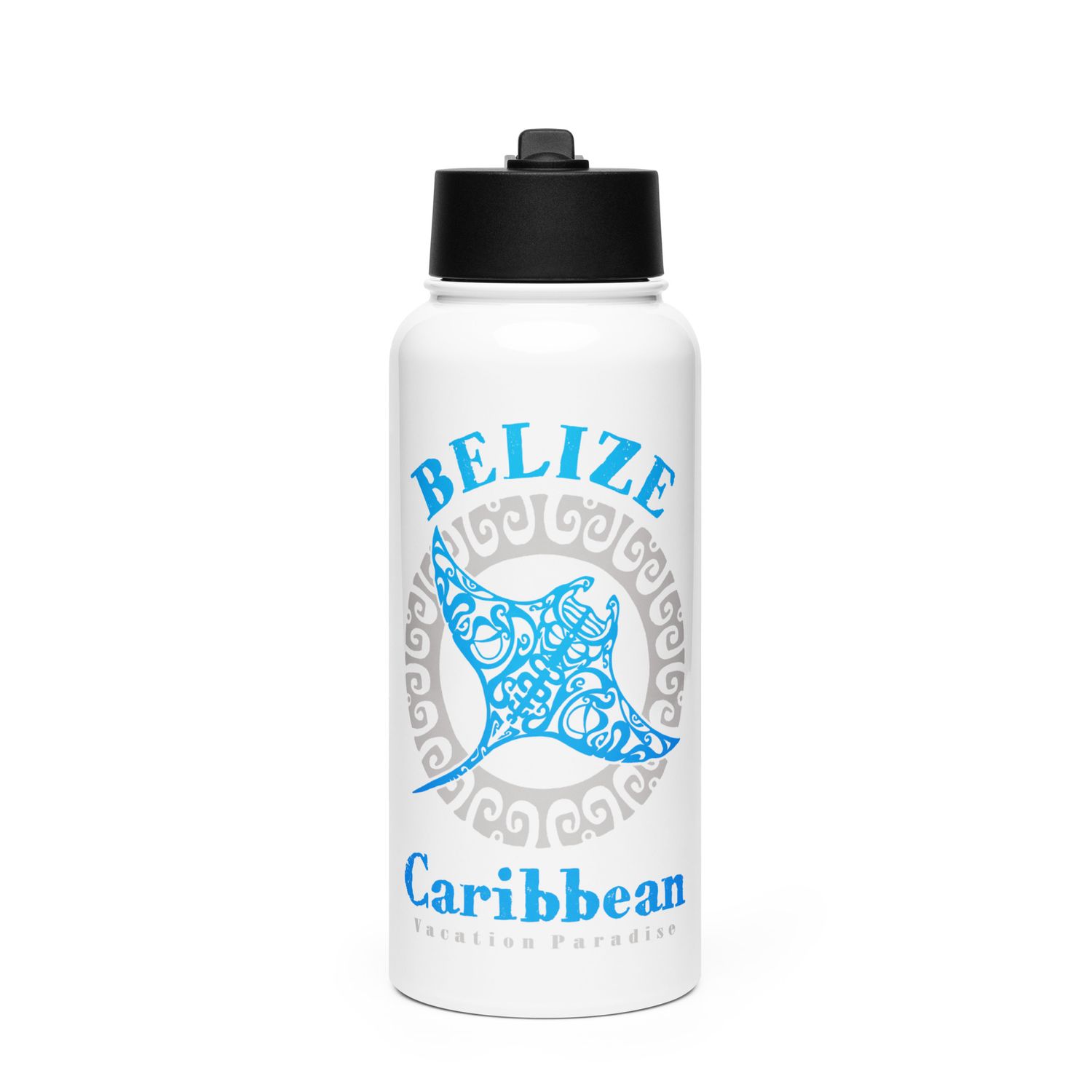 Belize Manta Ray Tribal Tattoo Stainless Steel Water Bottle with a Straw Lid