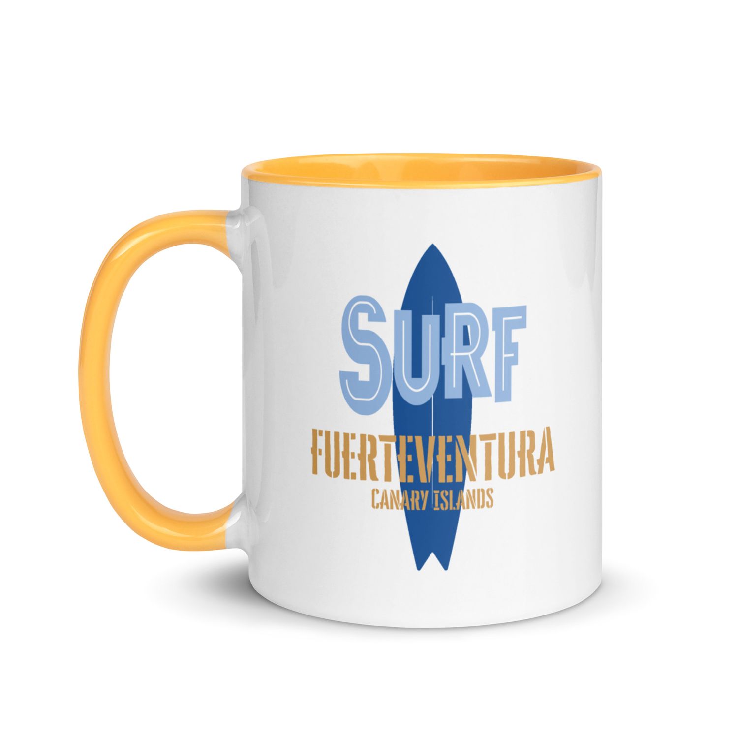 Surf Fuerteventura, Surfing Fuerteventura in the Canary Islands, Surfboard Mug with Color Inside