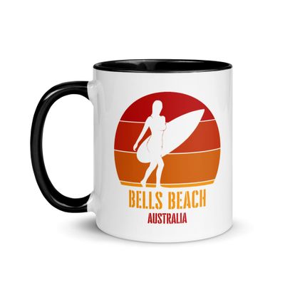 Surfing Bells Beach Australia, Australian Surfer Girl Mug with Color Inside