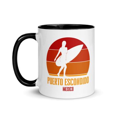 Surfing Puerto Escondido Mexico, Pacific Surfer Girl Mug with Color Inside