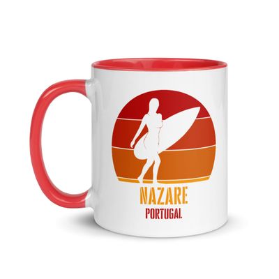 Surfing Nazare Portugal, Atlantic Surfer Girl Mug with Color Inside