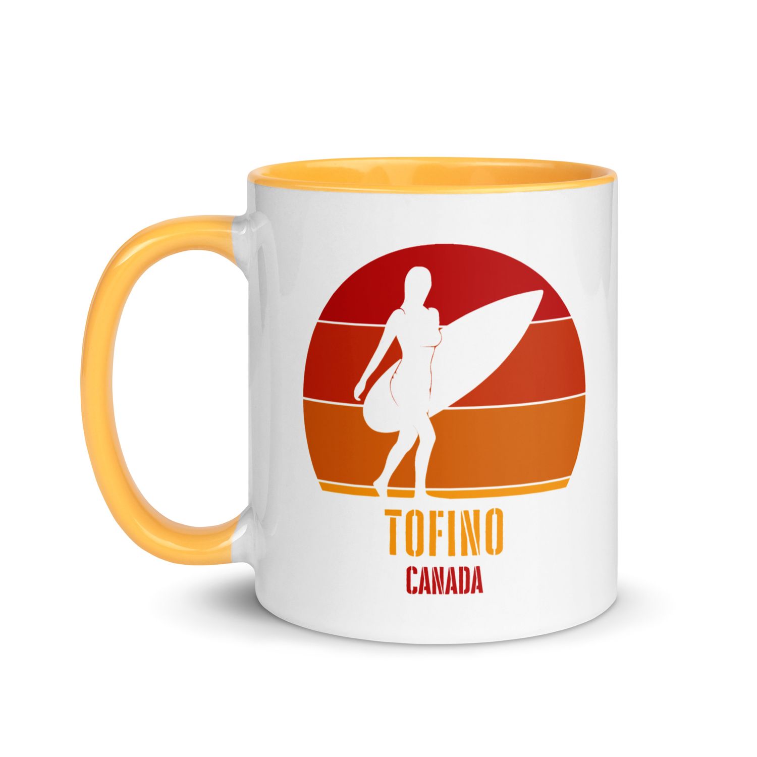Surfing Tofino Canada, Canadian Surfer Girl Mug with Color Inside