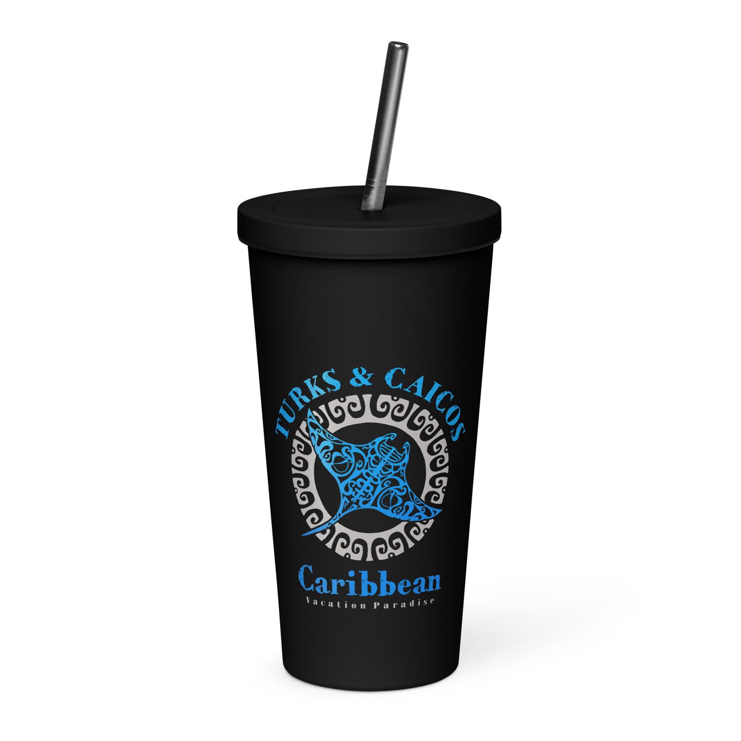 Manta Ray Turks and Caicos Tribal Tattoo Insulated Tumbler with a Straw