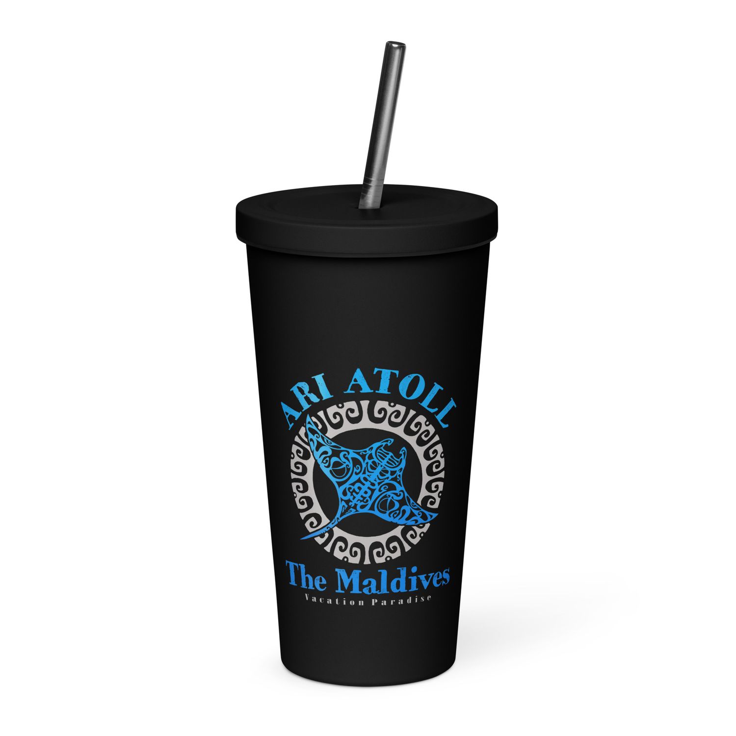 Manta Ray Ari Atoll Maldives Tribal Tattoo Insulated Tumbler with a Straw