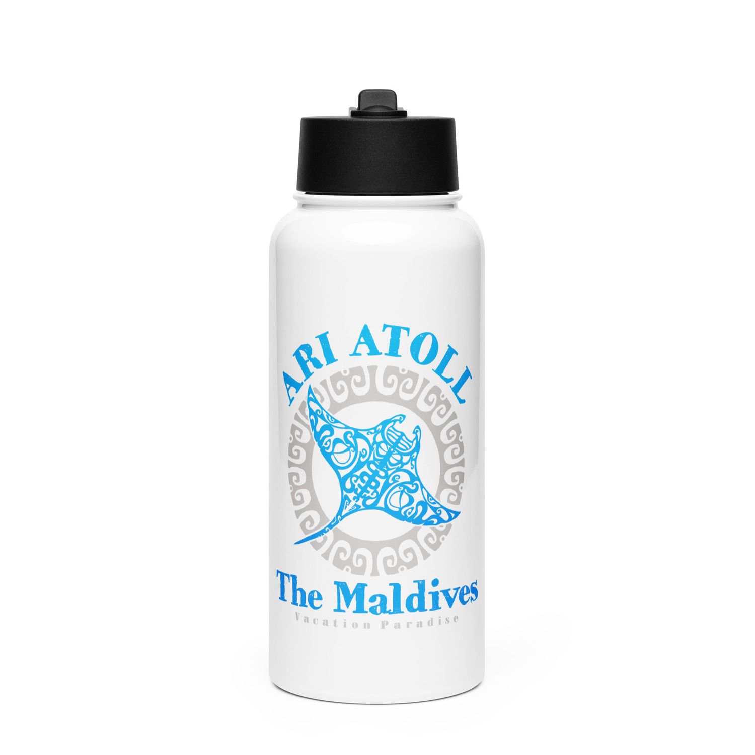 Manta Ray Ari Atoll Maldives Tribal Tattoo Stainless Steel Water bottle with a Straw Lid