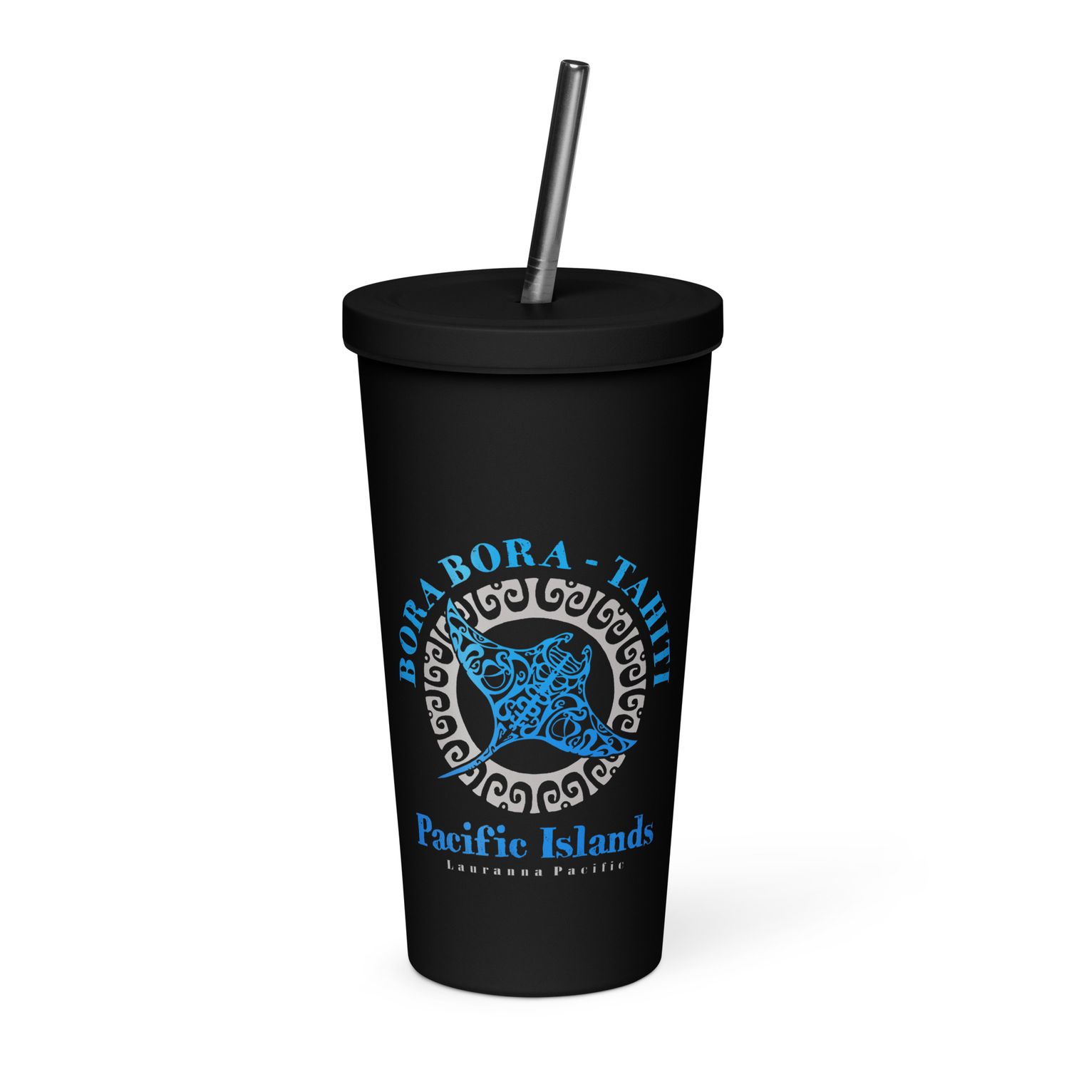 Bora Bora Tahiti Manta Ray Tribal Tattoo Insulated Tumbler with a Straw