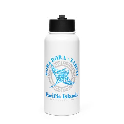 Bora Bora Tahiti Manta Ray Tribal Tattoo Stainless Steel Water Bottle with a Straw Lid