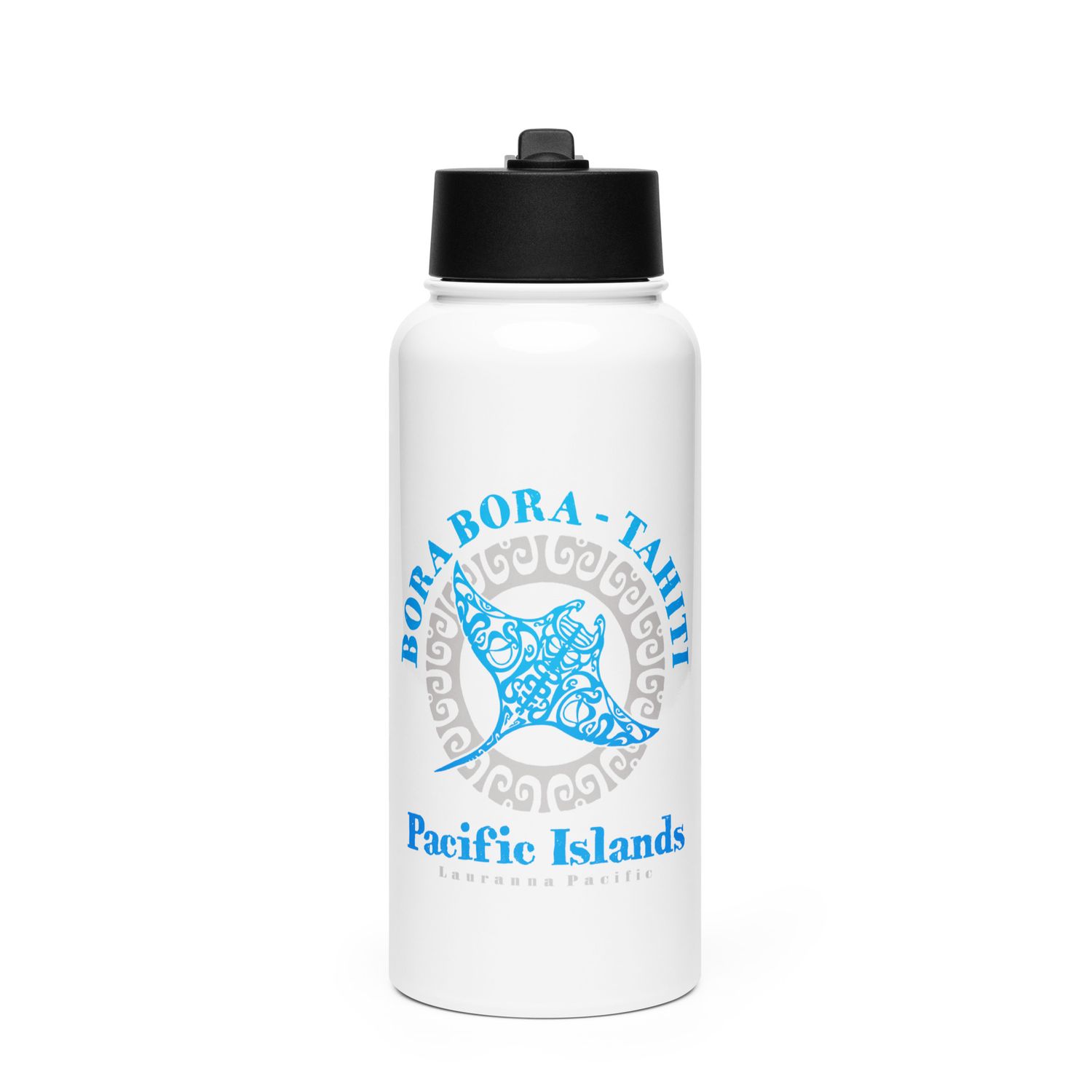 Bora Bora Tahiti Manta Ray Tribal Tattoo Stainless Steel Water Bottle with a Straw Lid