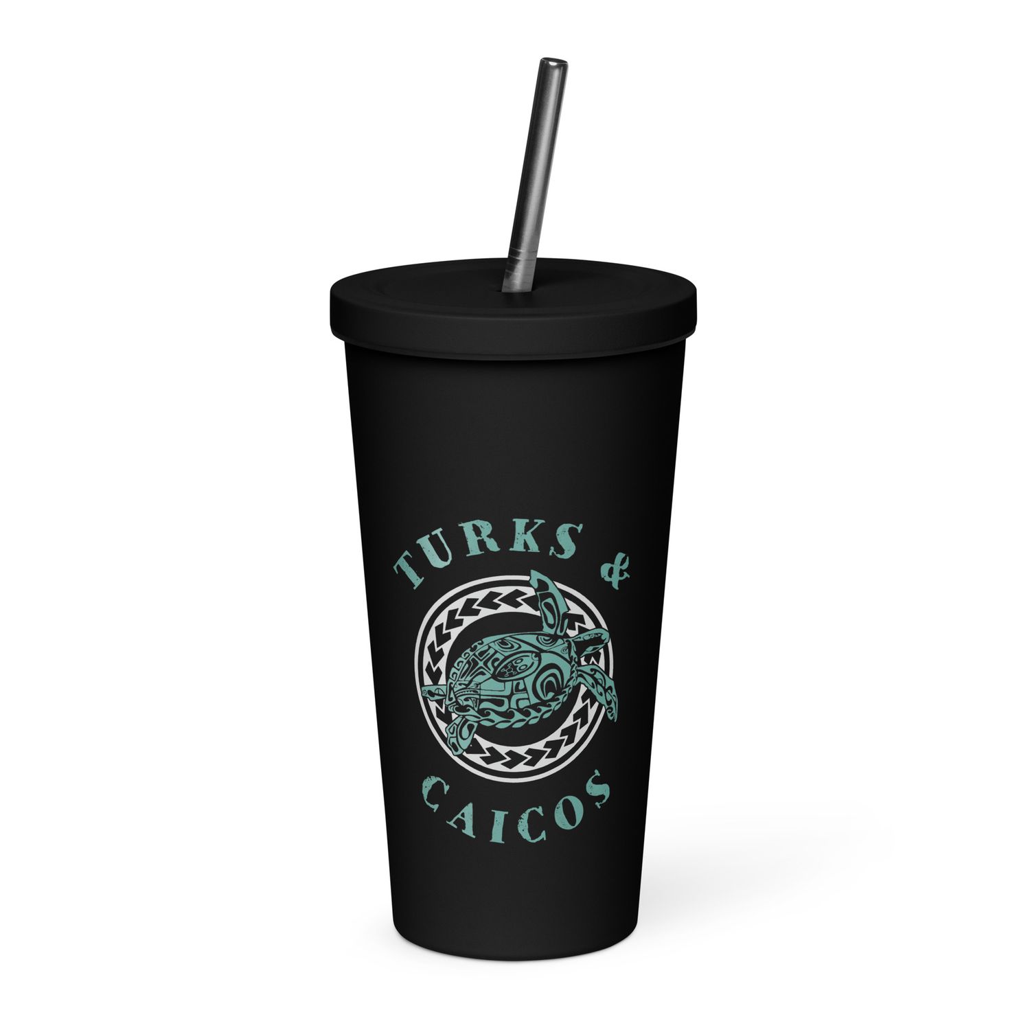 Turks and Caicos Caribbean Tribal Tattoo Sea Turtle Insulated Tumbler with a Straw