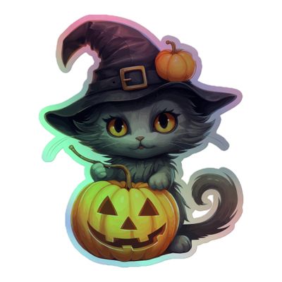 Halloween Witch Cat 1 Holographic Sticker