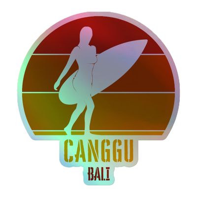 Surfing Canggu Bali, Indonesian Surfer Girl in Red Holographic Sticker