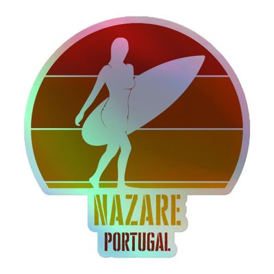 Surfing Nazare Portugal, Atlantic Surfer Girl in Red Holographic Sticker