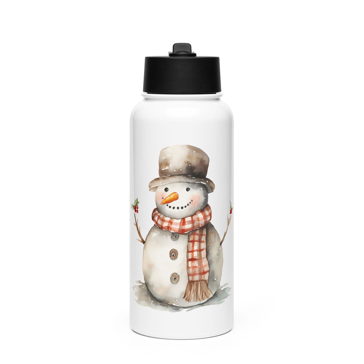 Christmas Snowman (#1) Stainless Steel Water Bottle with a Straw Lid