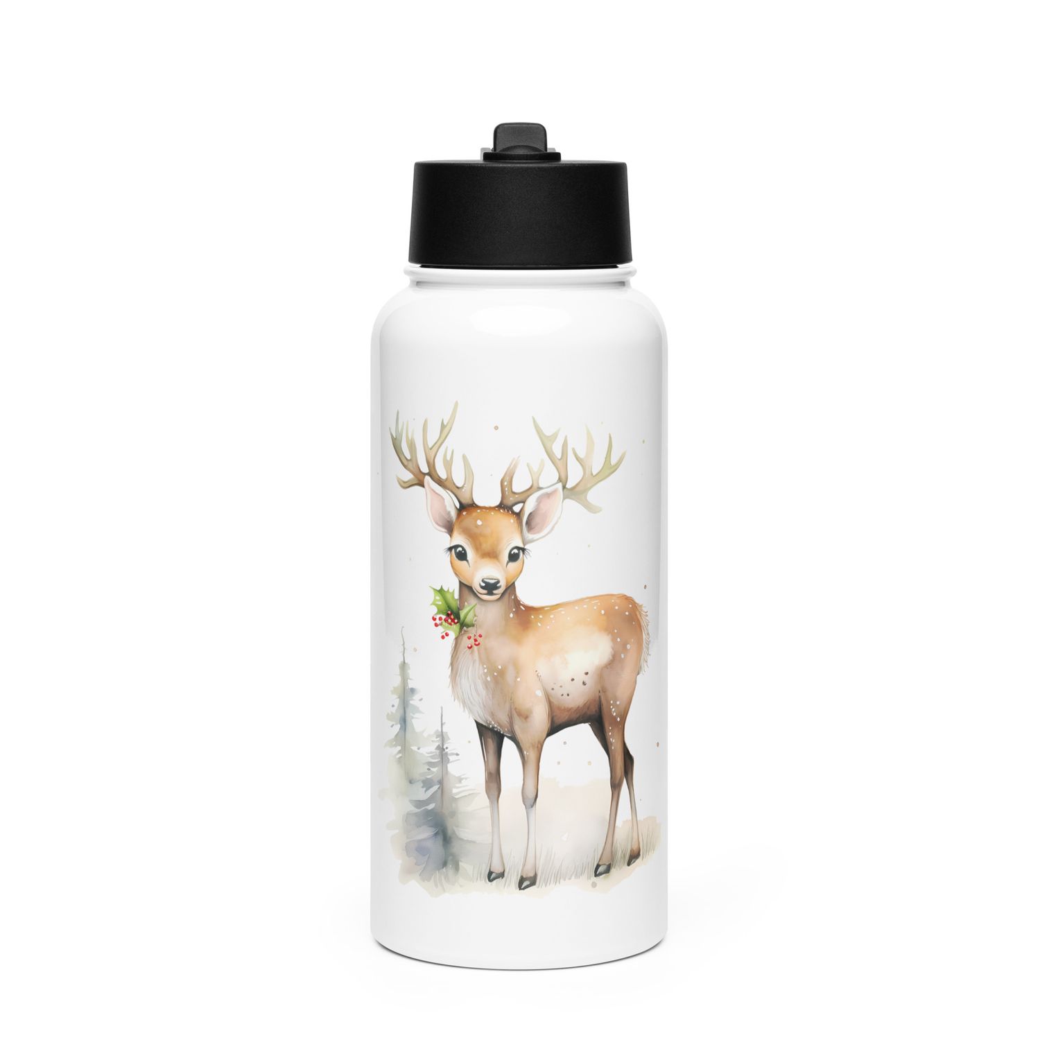 Christmas Reindeer (1) Stainless Steel Water Bottle with a Straw Lid