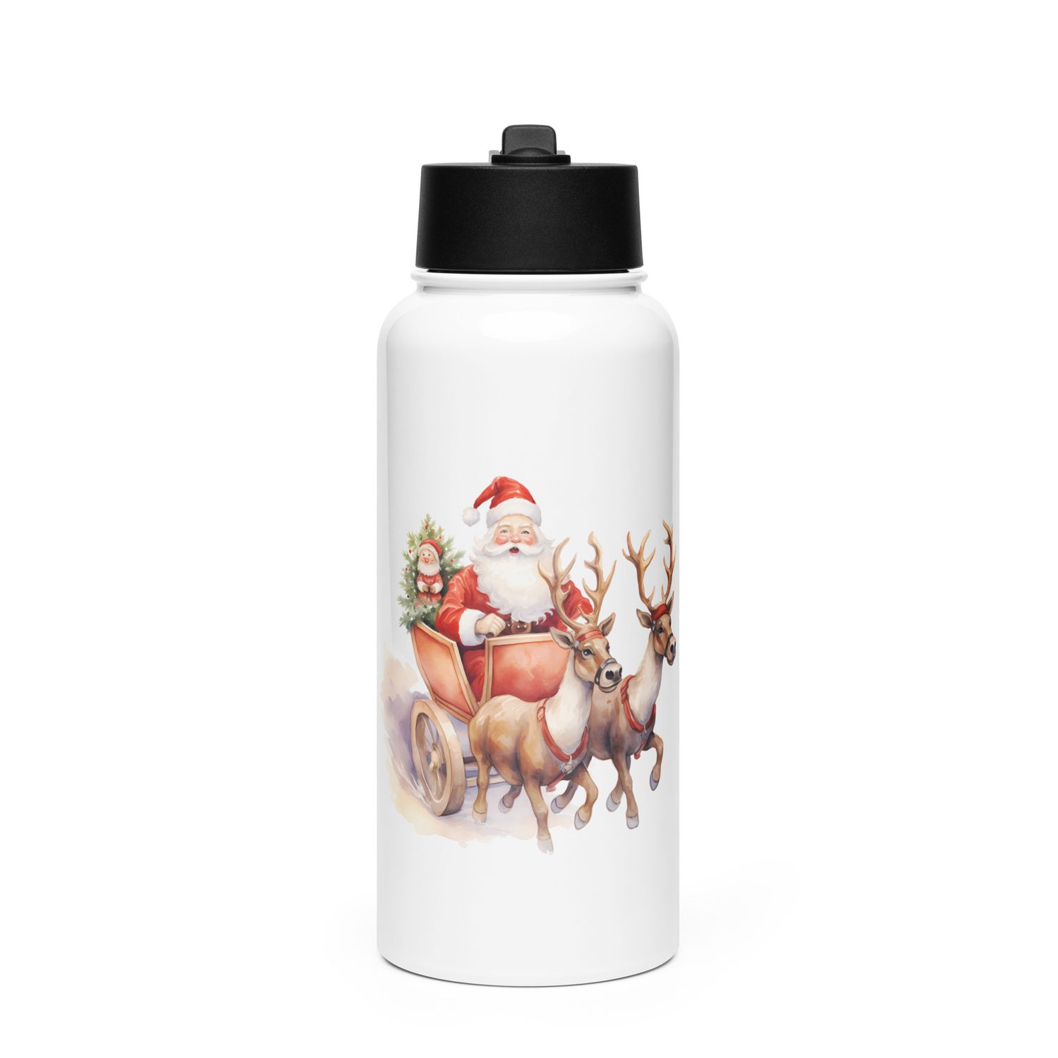 Santa and his Reindeers (1) Stainless Steel Water Bottle with a Straw Lid