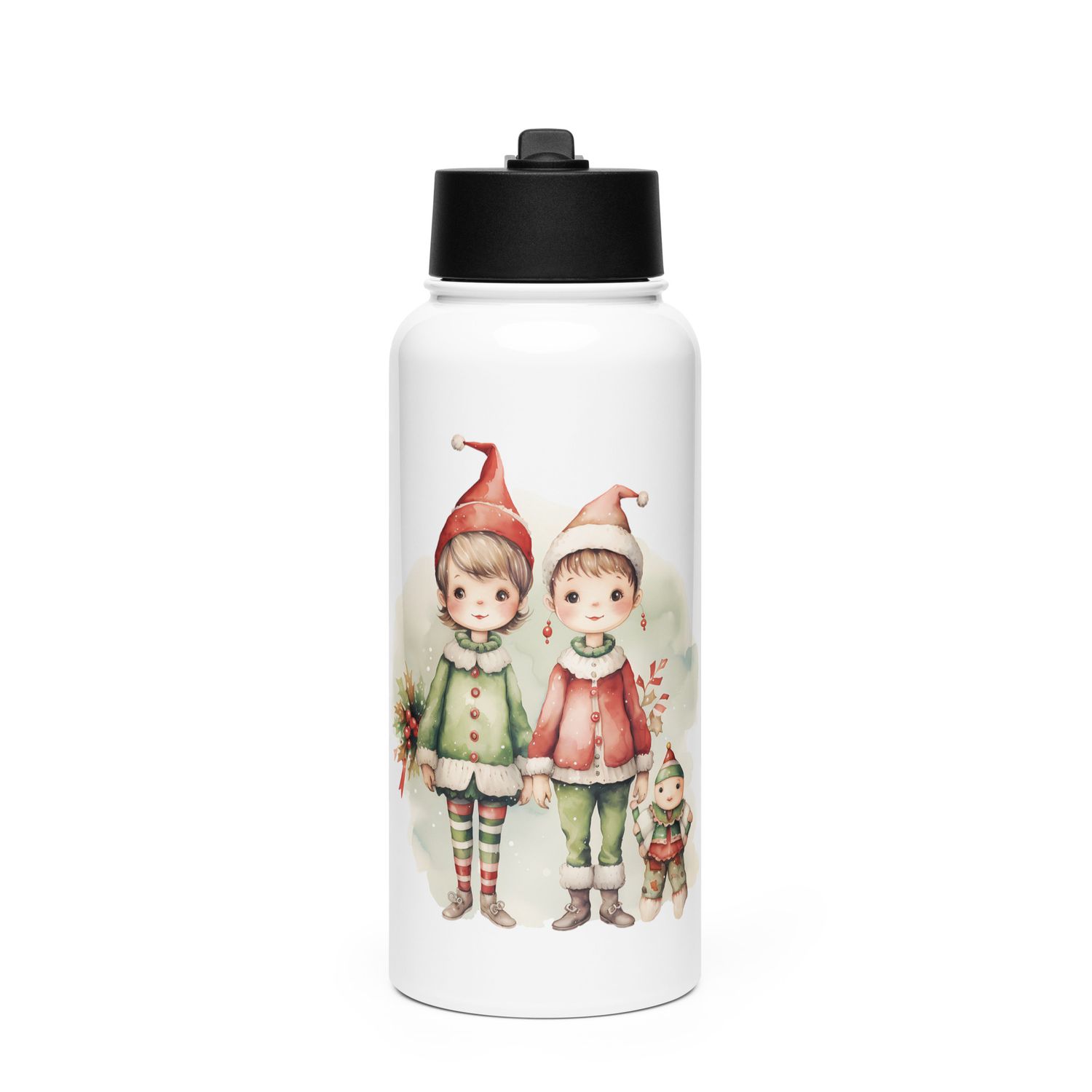 Christmas Elves (3) Stainless Steel Water Bottle with a Straw Lid
