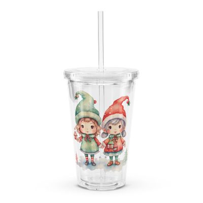 Christmas Elves (2) Clear Insulated Plastic Tumbler