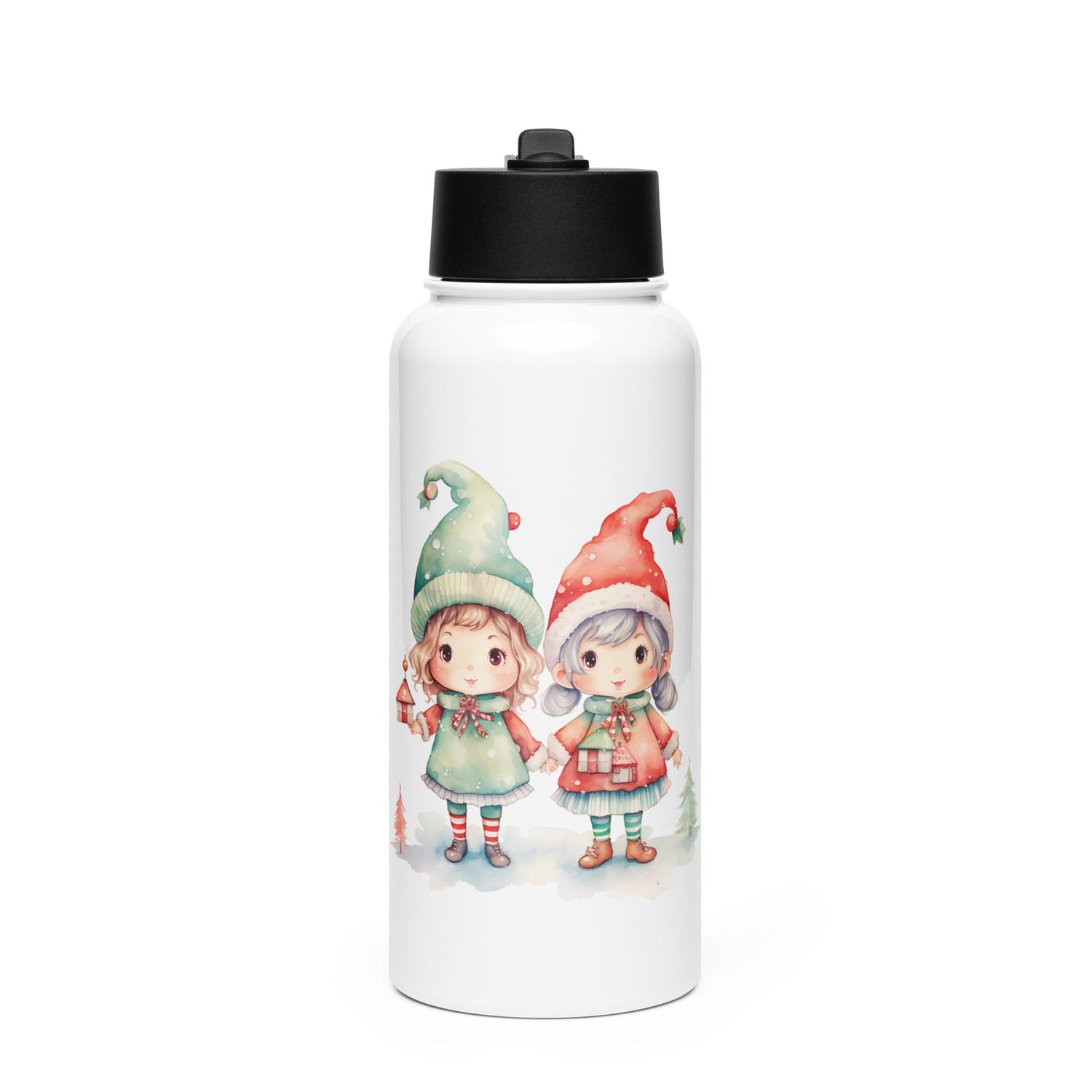 Christmas Elves (2) Stainless Steel Water Bottle with a Straw Lid