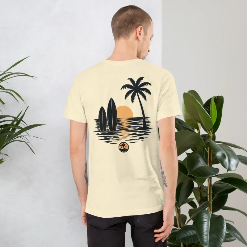 Man wearing natural-color Cayrunner Sunset Run unisex t-shirt, back view, with palm tree and sunset beach graphic.