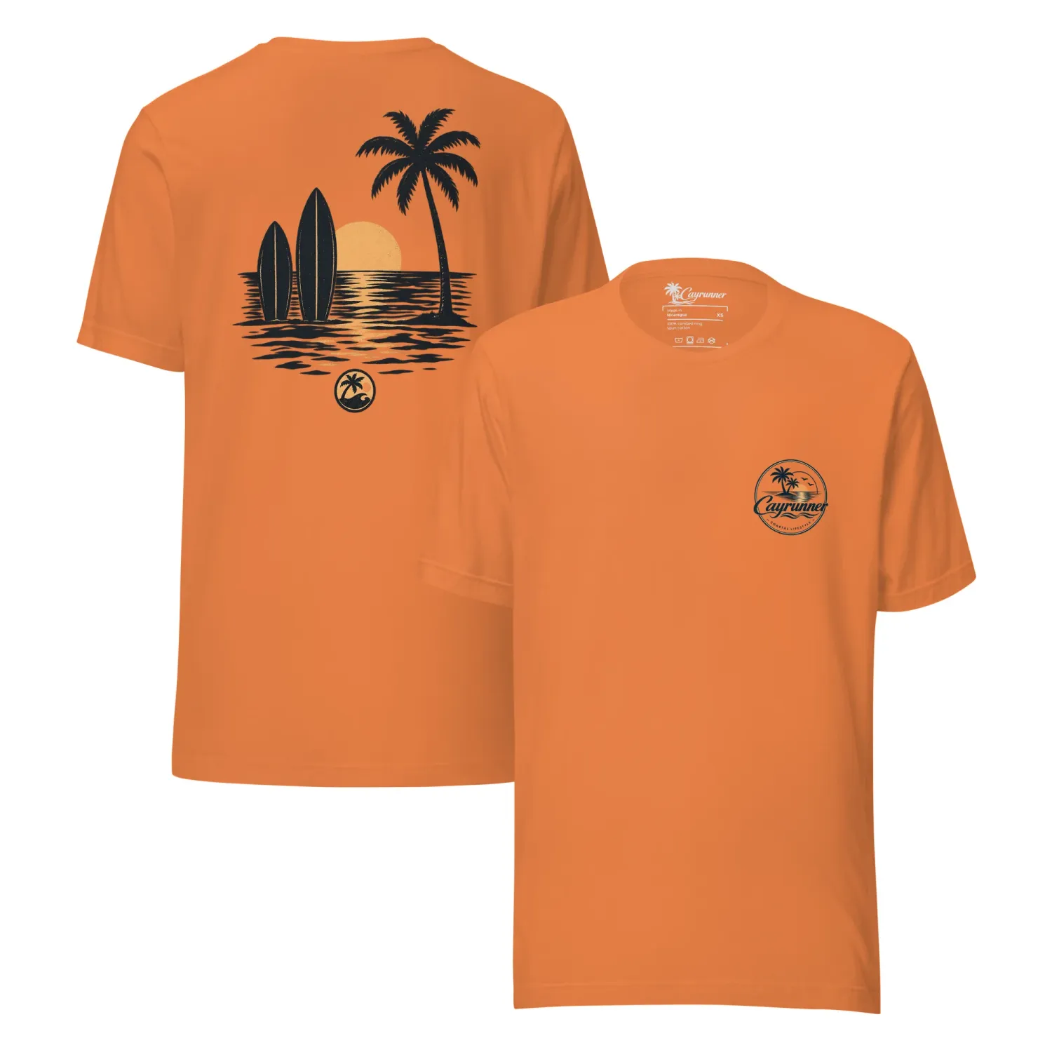 Cayrunner Sunset Run unisex t-shirt in burnt orange, front and back view, with palm tree and sunset beach graphic.