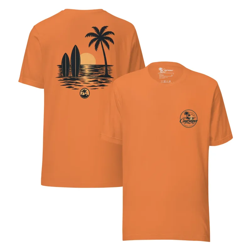 Cayrunner Sunset Run unisex t-shirt in burnt orange, front and back view, with palm tree and sunset beach graphic.