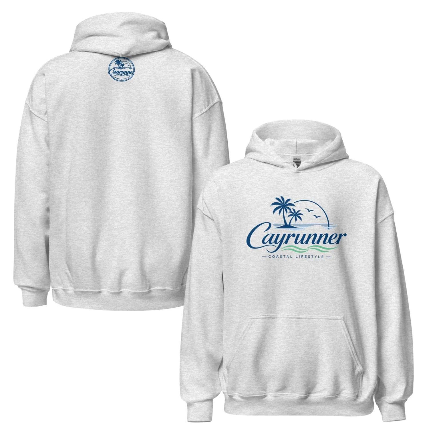 Cayrunner Island State of Mind Unisex Hoodie in ash gray, back and front view, with palm tree coastal lifestyle logo.