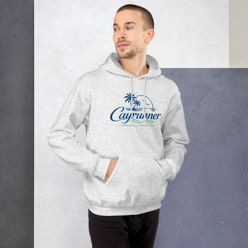 Man wearing ash gray Cayrunner Island State of Mind Unisex Hoodie, front view, with palm tree coastal lifestyle logo.