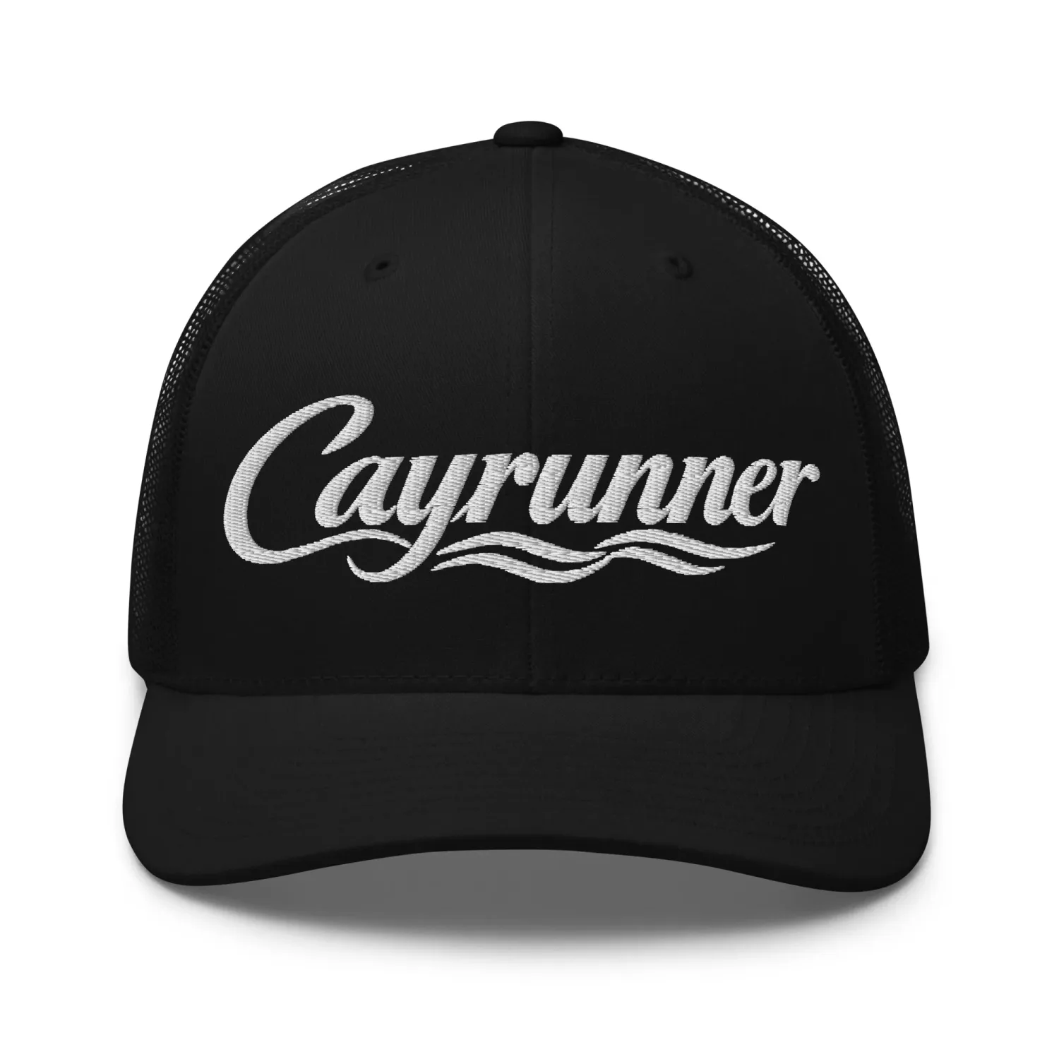 Cayrunner Coastal Signature Trucker Cap in black with embroidered logo and wave design on front