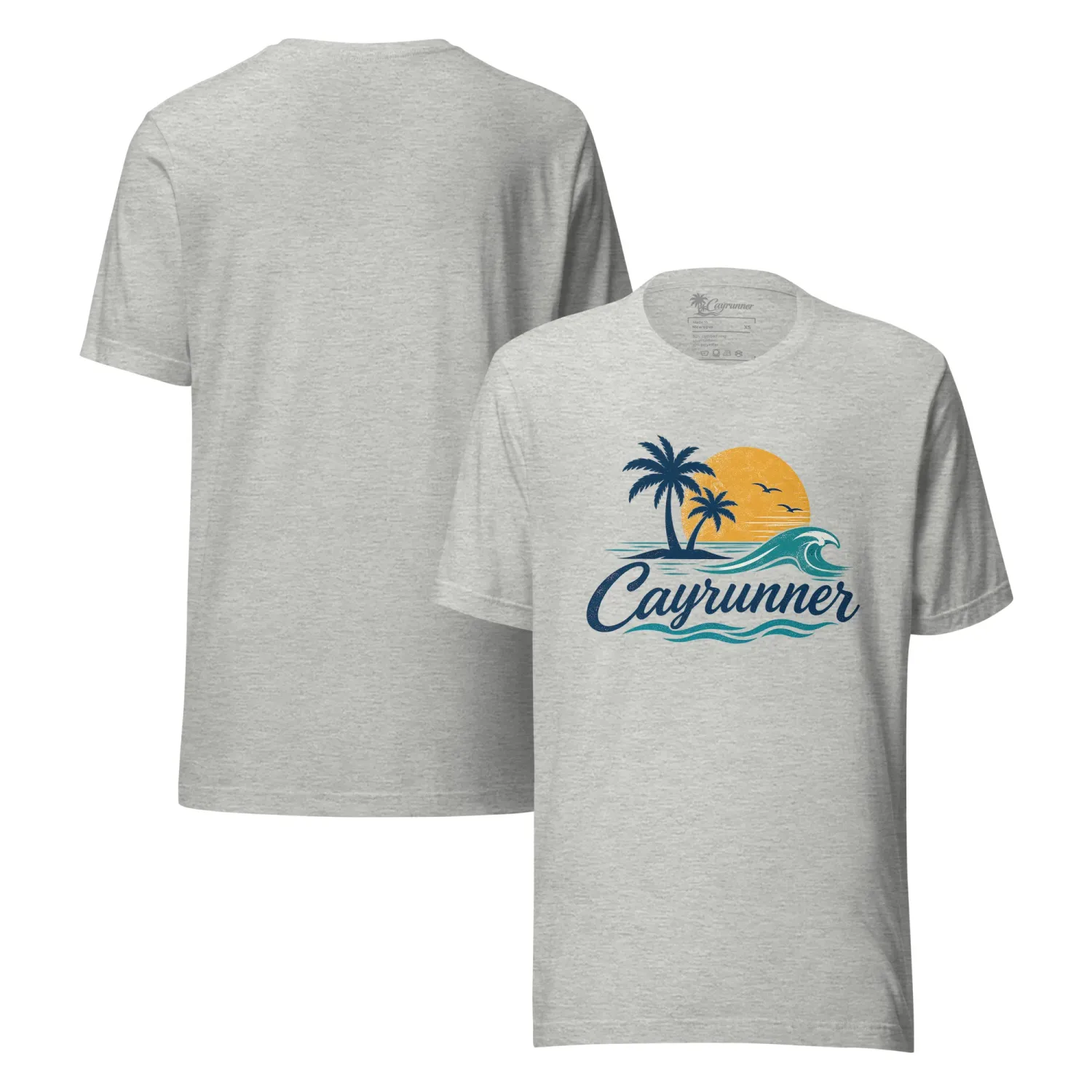 Cayrunner Sunset Break Unisex T-Shirt in heather gray with palm tree, sunset, and wave graphic on chest