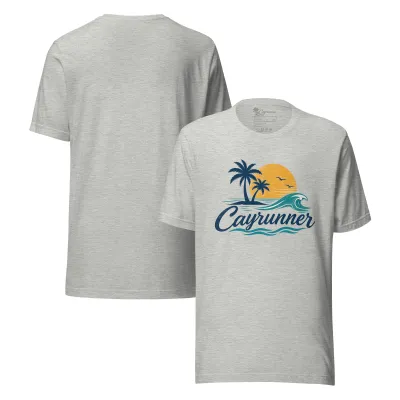 Cayrunner Sunset Break Unisex T-Shirt in heather gray with palm tree, sunset, and wave graphic on chest