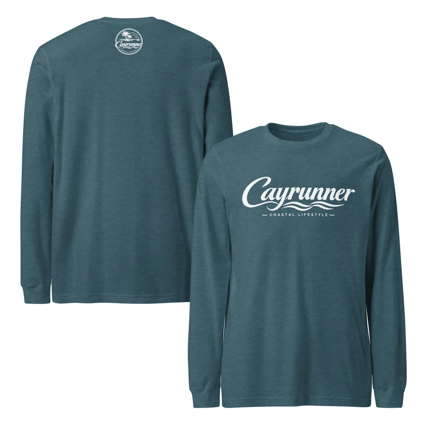 Cayrunner Coastal Signature Unisex Long Sleeve Tee in heather deep teal with logo print and back neck emblem