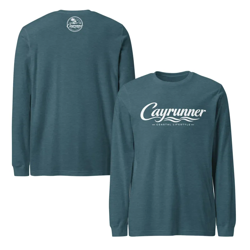 Cayrunner Coastal Signature Unisex Long Sleeve Tee in heather deep teal with logo print and back neck emblem