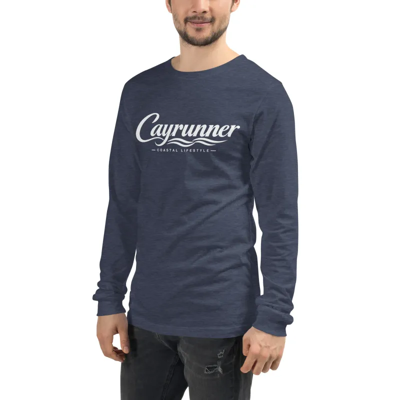 Man wearing Cayrunner Coastal Signature Unisex Long Sleeve Tee in heather navy with logo print on chest