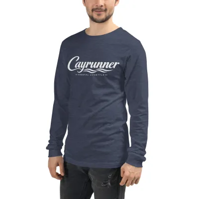 Man wearing Cayrunner Coastal Signature Unisex Long Sleeve Tee in heather navy with logo print on chest