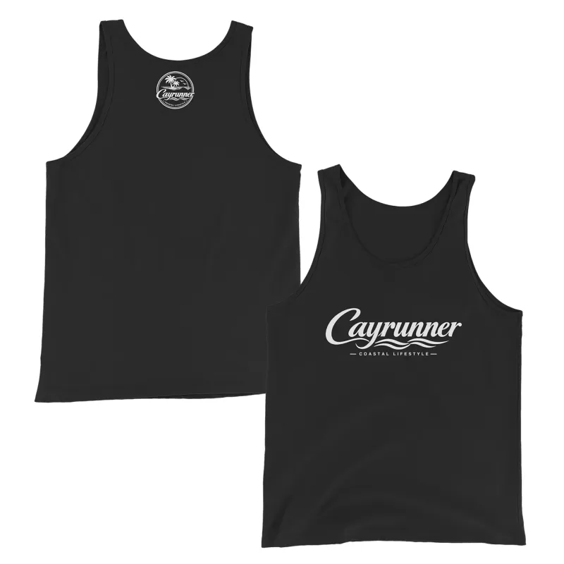Cayrunner Coastal Signature Unisex Tank Top in black with logo print and back neck emblem, front and back view