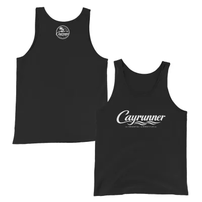Cayrunner Coastal Signature Unisex Tank Top in black with logo print and back neck emblem, front and back view