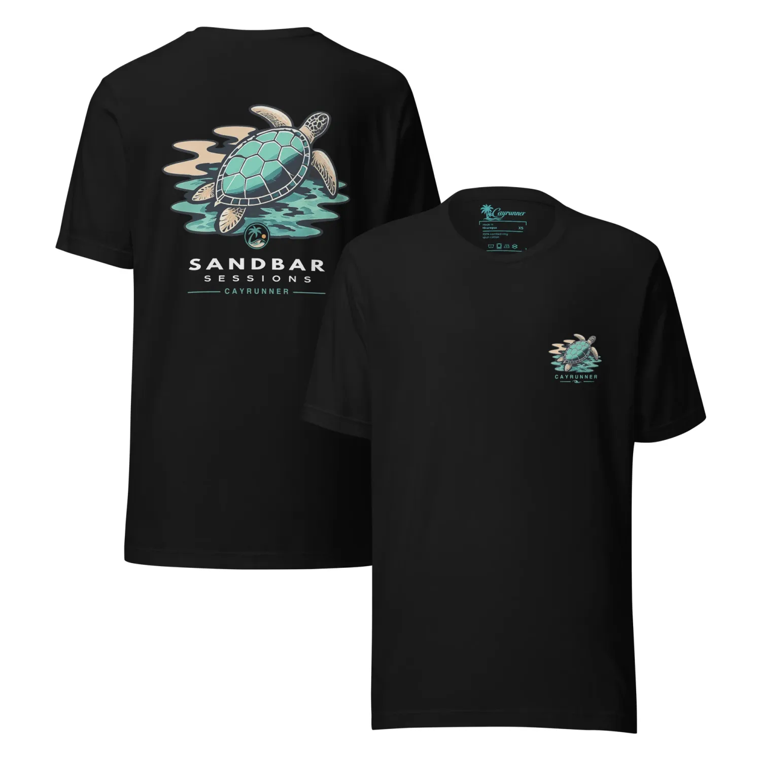 Cayrunner Turtle Drift Unisex T-Shirt in black with sea turtle "Sandbar Sessions" back print and chest logo