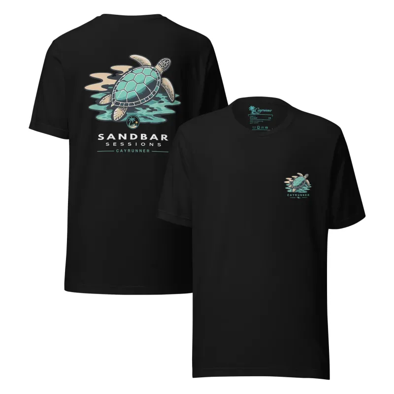 Cayrunner Turtle Drift Unisex T-Shirt in black with sea turtle "Sandbar Sessions" back print and chest logo