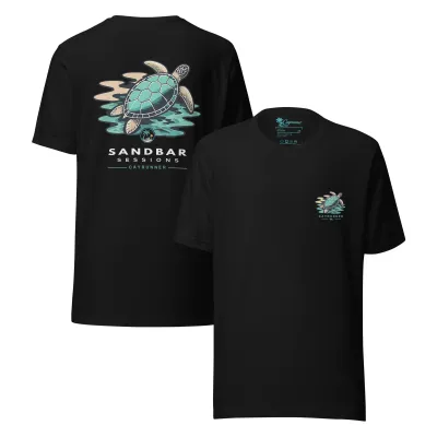 Cayrunner Turtle Drift Unisex T-Shirt in black with sea turtle "Sandbar Sessions" back print and chest logo