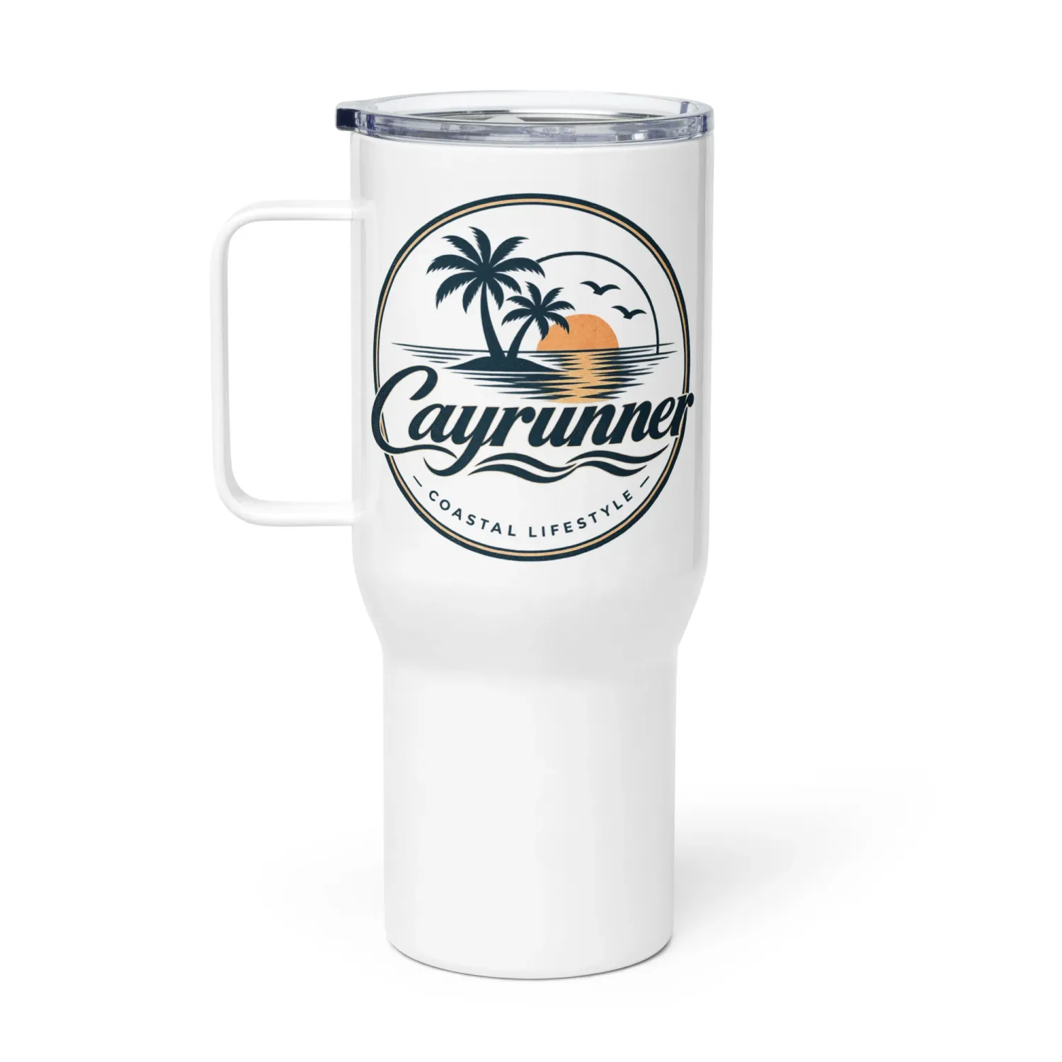 White Cayrunner Sunset Run Travel Mug with Handle, 25oz, left view, featuring palm tree coastal lifestyle logo.