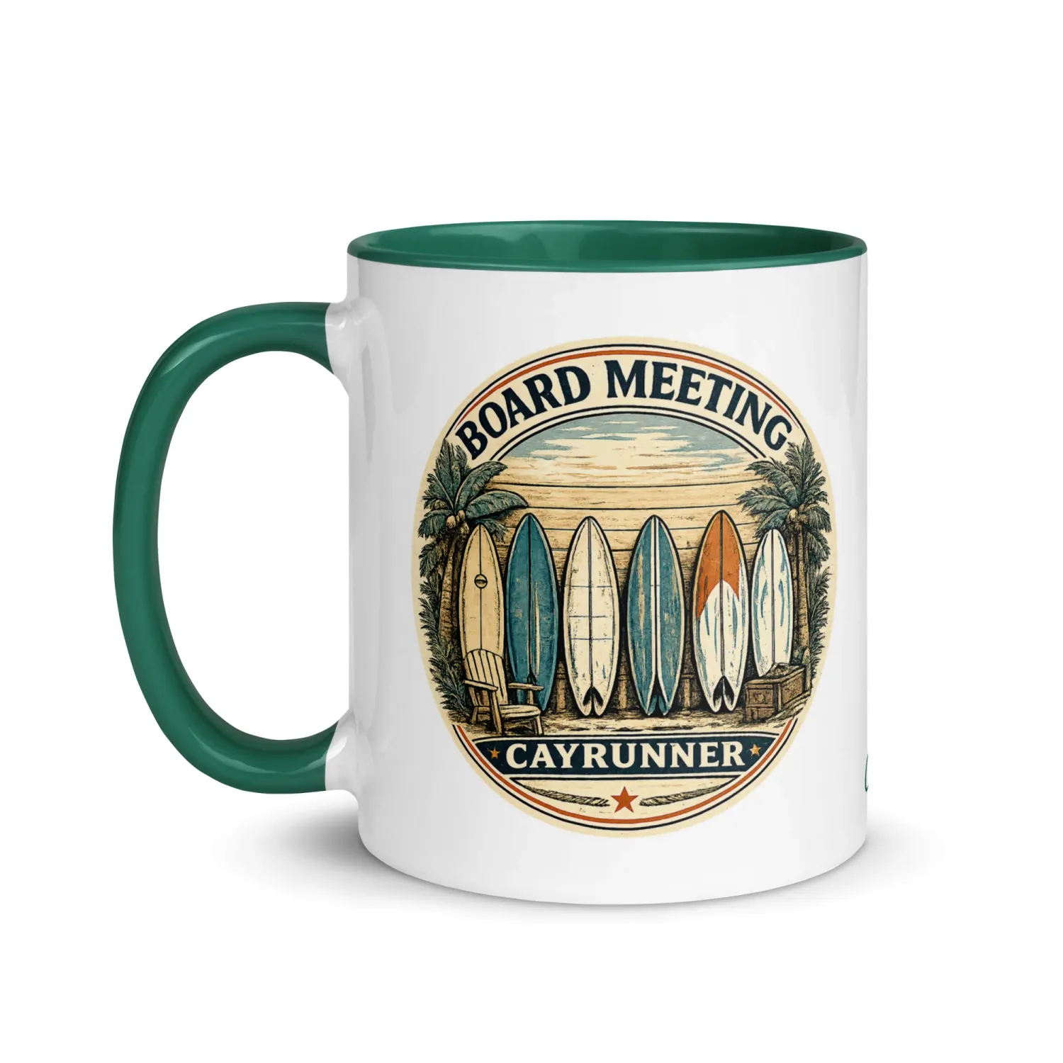 Cayrunner Board Meeting Coffee Mug, 11oz, dark green handle and interior, left view, with surfboard beach graphic.