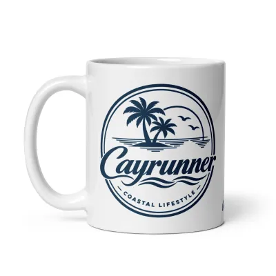 White Cayrunner Coastal Signature Coffee Mug, 11oz, left view, with palm tree coastal lifestyle logo design.