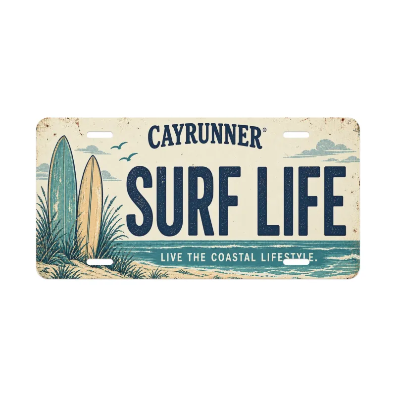Cayrunner Surf Life Vanity License Plate with surfboards and beach ocean design, "Live the Coastal Lifestyle."