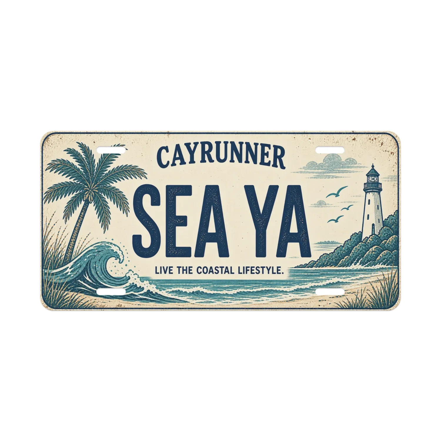 Cayrunner Sea Ya Vanity License Plate with palm tree, wave, and lighthouse design, "Live the Coastal Lifestyle."